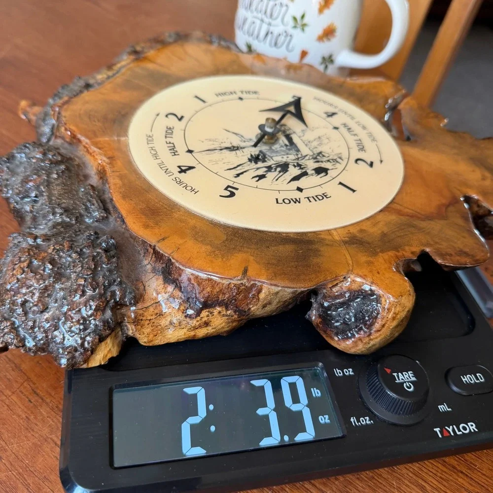 Vintage Live Edge Wood Slab Tide Clock Lighthouse Coastal Nautical Alaska Ocean